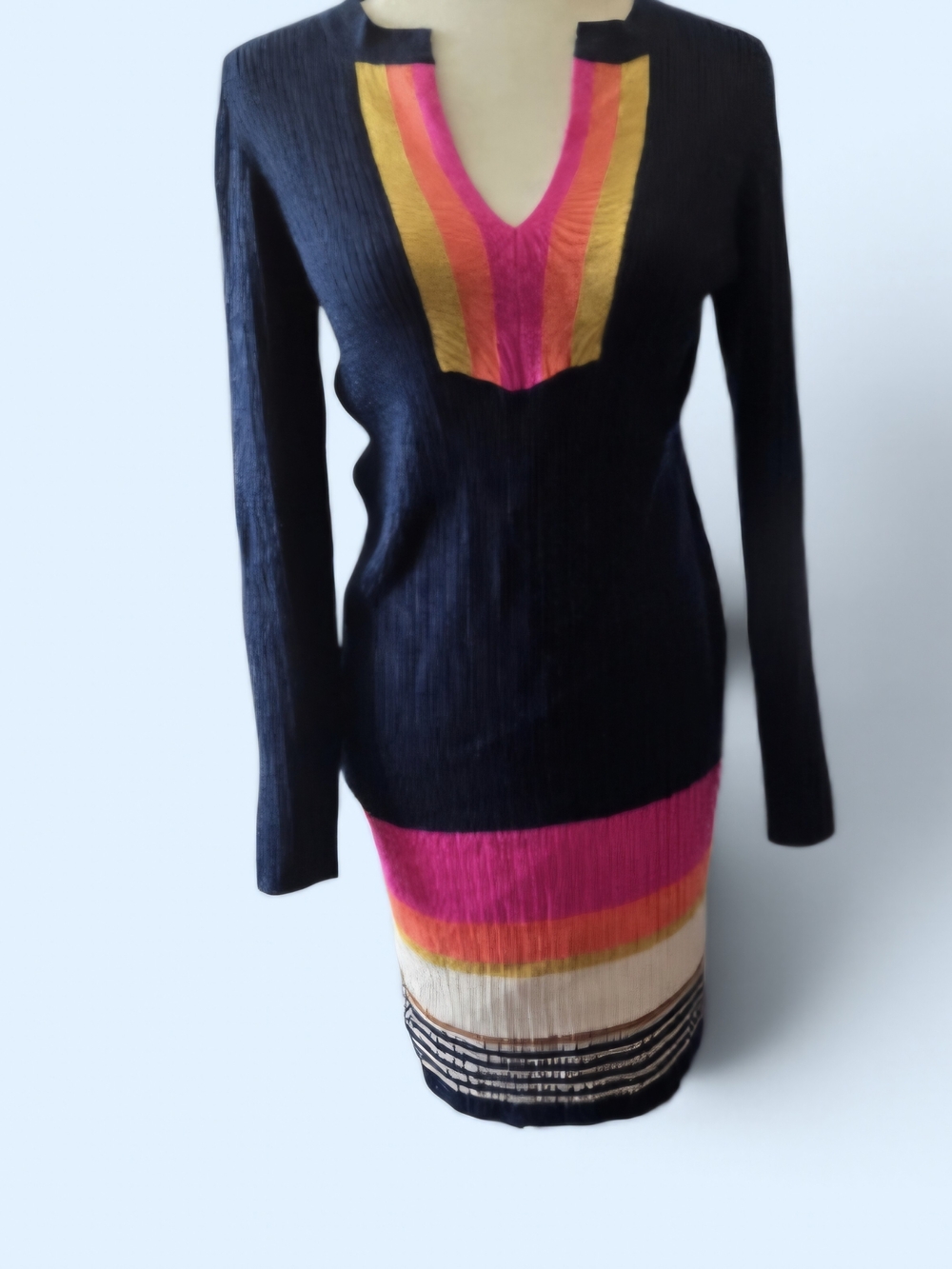 Trina Turk Black Long-Sleeve Knit Dress with Pink and Yellow Accents